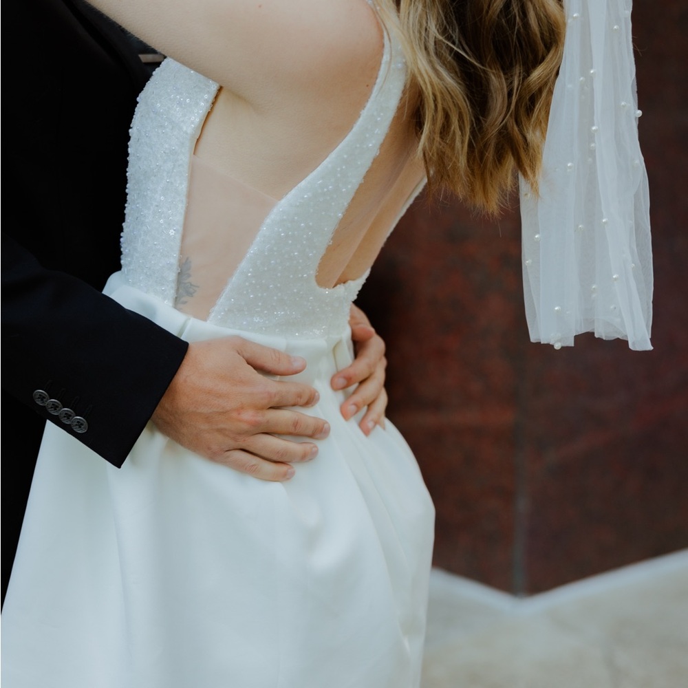Elegant White Engagement/Reception Dress with Beaded Bodice